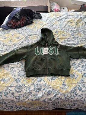 Lost Intricacy Dark Green Zip Hoodie with Distressed Details